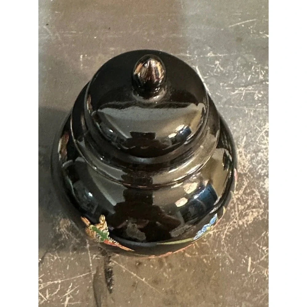 VTG Japanese Black Porcelain Ginger Jar Hummingbird Floral Iris Made‎ in Japan